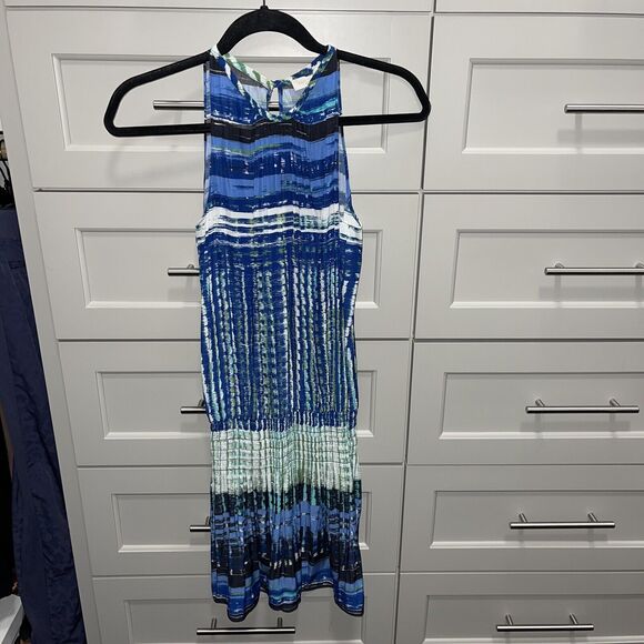 Ramy Brook Paris Warp-Print Sleeveless Blouson Dress XS Navy/Green - Picture 2 of 8